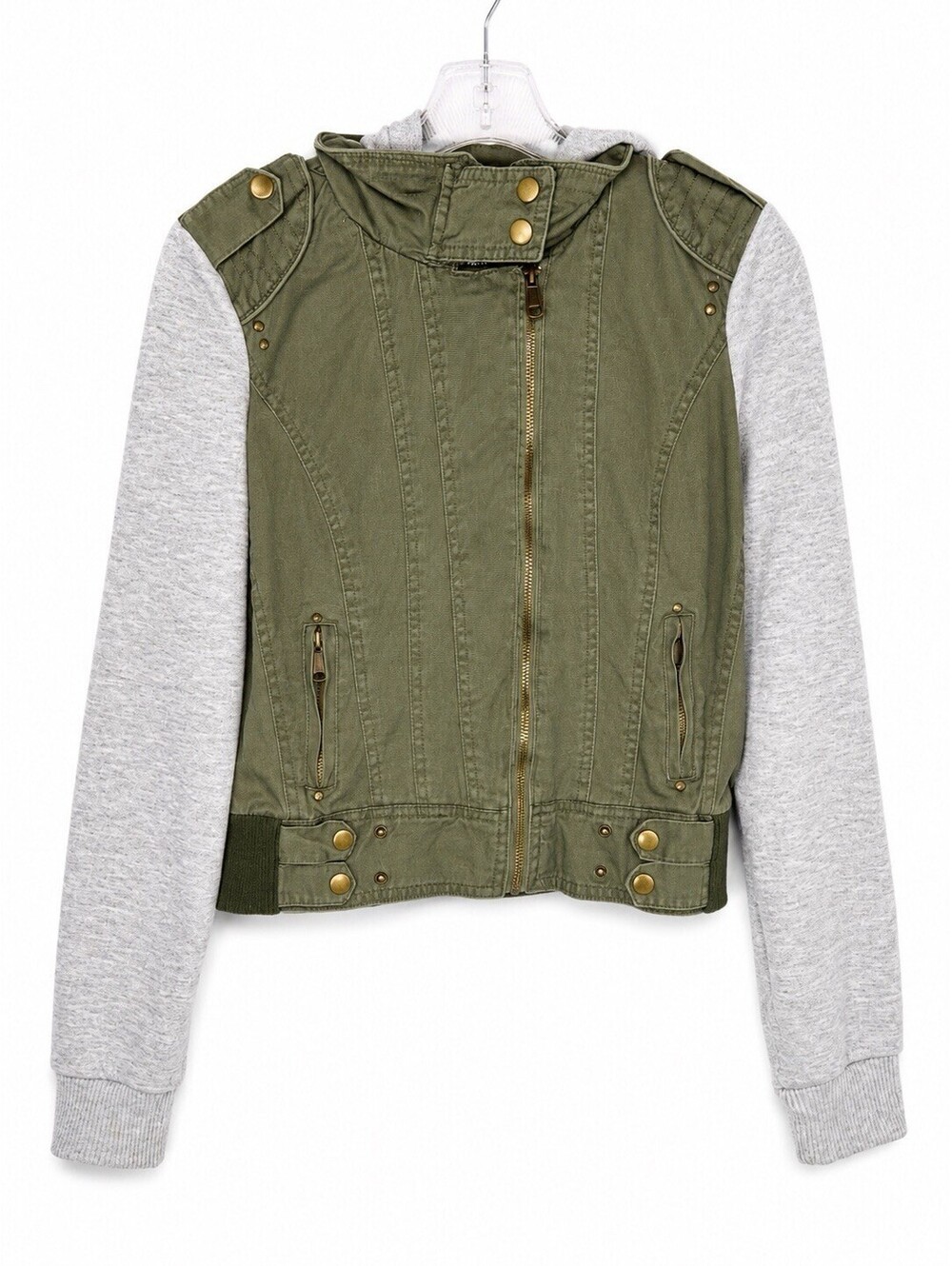Boy Meets Girl I Love H81 Moto Utility Jacket Olive Gray Hooded Denim Fleece L